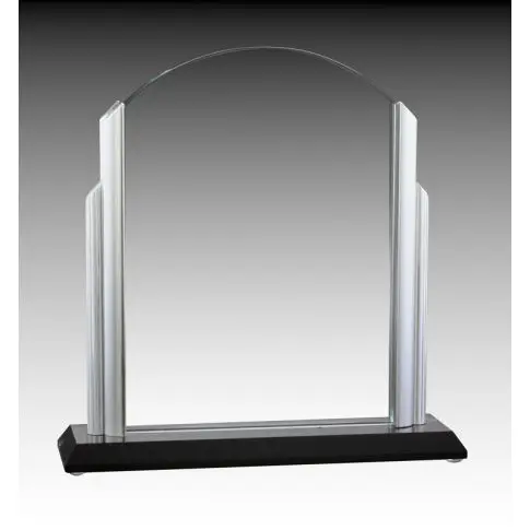 A clear glass trophy with a black base and silver side accents.