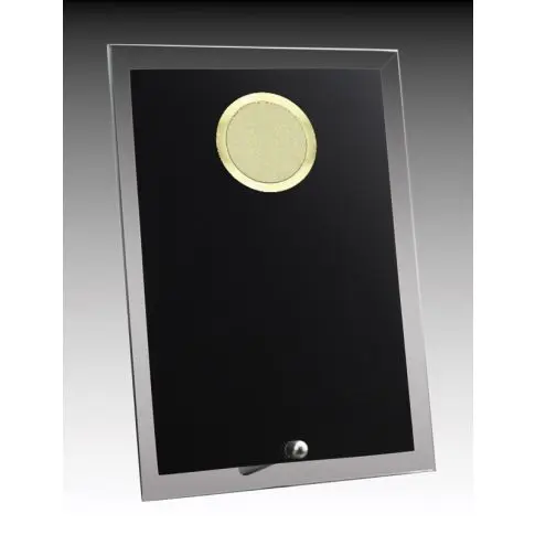 Black plaque with a gold circular emblem and silver border.