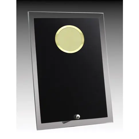 Modern black and silver plaque with a gold circular emblem.