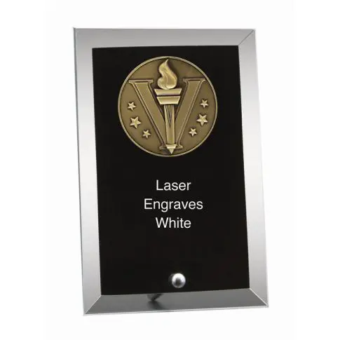 A sleek black and silver plaque with laser engraved white text and emblem.