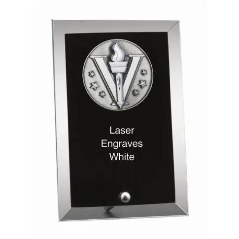Black plaque with silver frame and laser engraving.