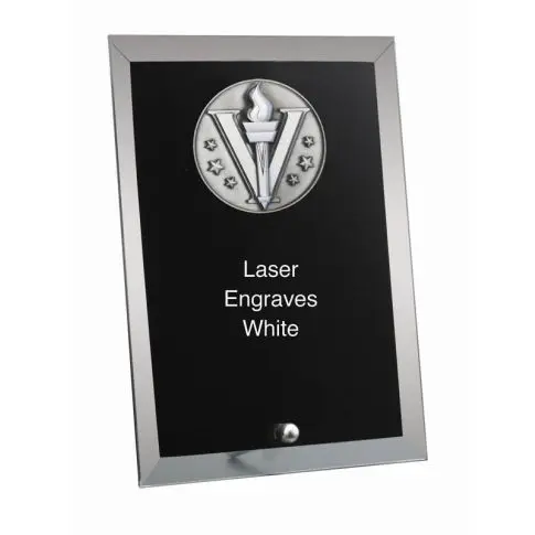Black and white plaque with silver frame and laser engraved text.