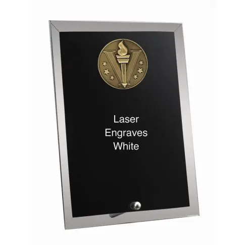 A black and white laser-engraved plaque with a gold emblem.