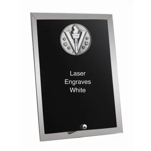 Black rectangular laser-engraved plaque with white text and a logo.