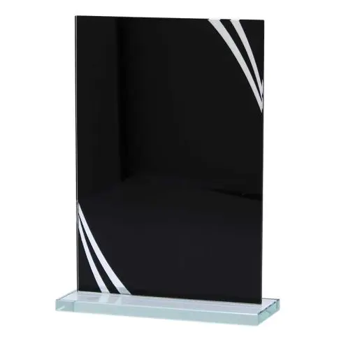 Black glass award with white curved lines on a clear base.