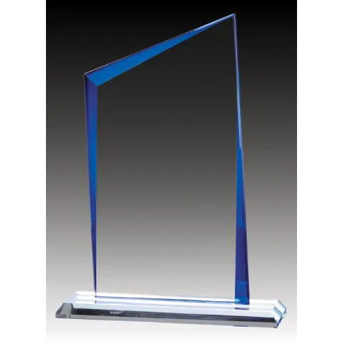 Clear glass award trophy with blue edges on a base.