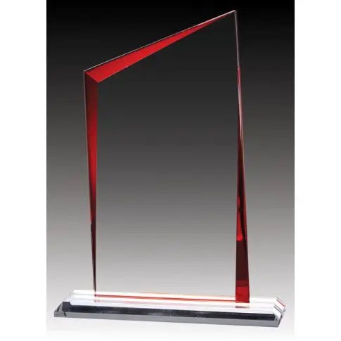 A sleek glass award with red accents on a clear base.