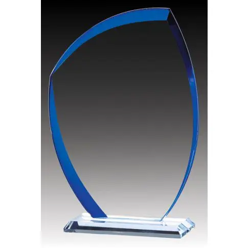 Elegant blue glass award trophy on a clear base.
