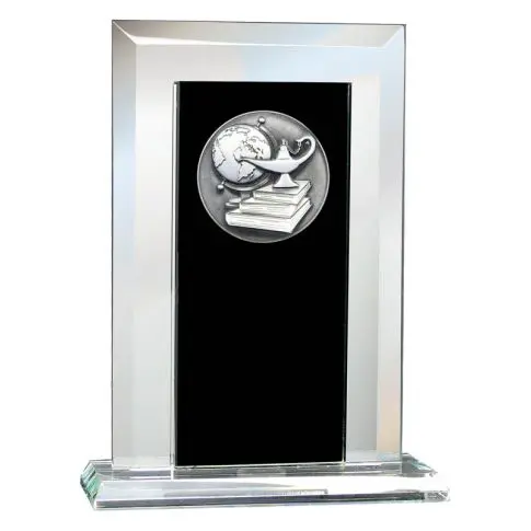 Glass trophy with a silver medallion of a fetus inside.