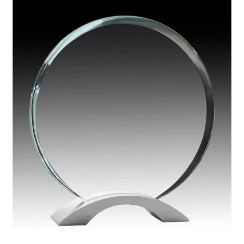 Clear glass trophy with a round top and arched base.