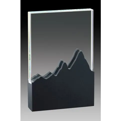 Rectangular glass award with mountain-shaped black base.
