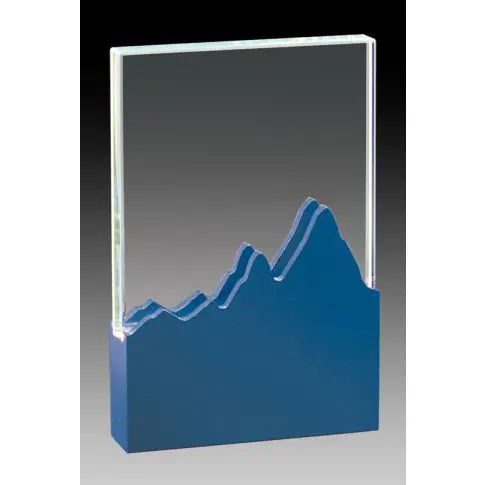 A rectangular glass award with a blue mountain design at the bottom.