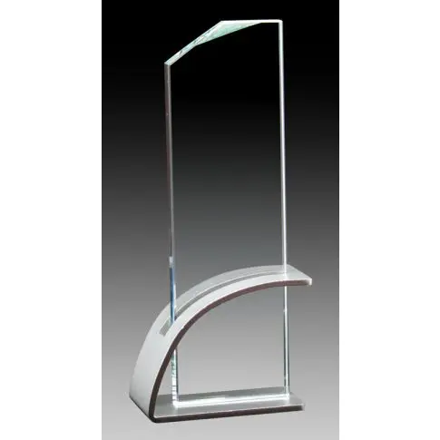 Elegant glass award with a curved silver base.