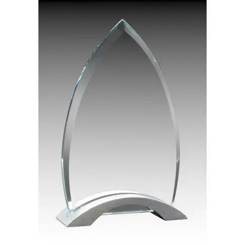 Elegant glass award with a curved base and pointed top.