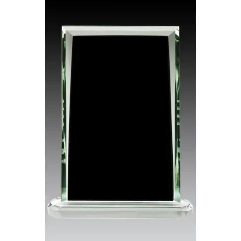 Clear glass rectangular award trophy with a black center.