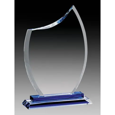 A sleek, clear glass trophy with a blue base.