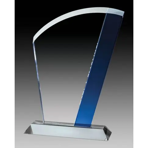 Tall glass award with a blue accent on a clear base.
