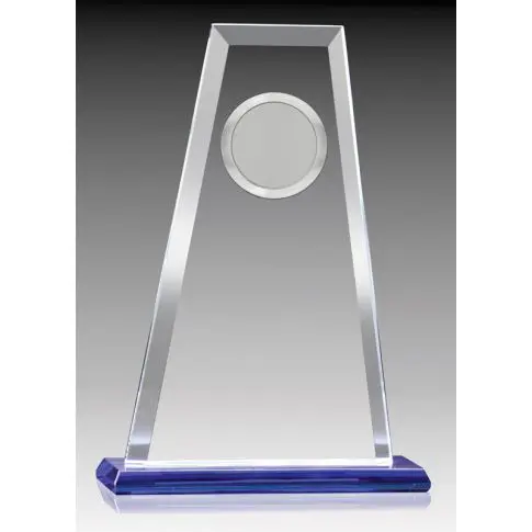 A sleek, transparent trophy with a blue base and circular design.