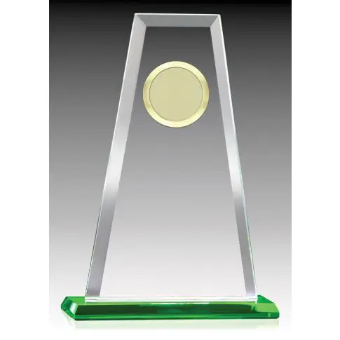 Transparent trophy with a circular golden emblem on a green base.