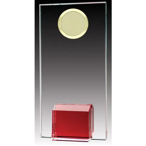 Clear rectangular trophy with a gold circular emblem and red base.