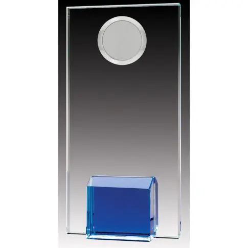 Clear glass award with a blue cube base and circular cutout.