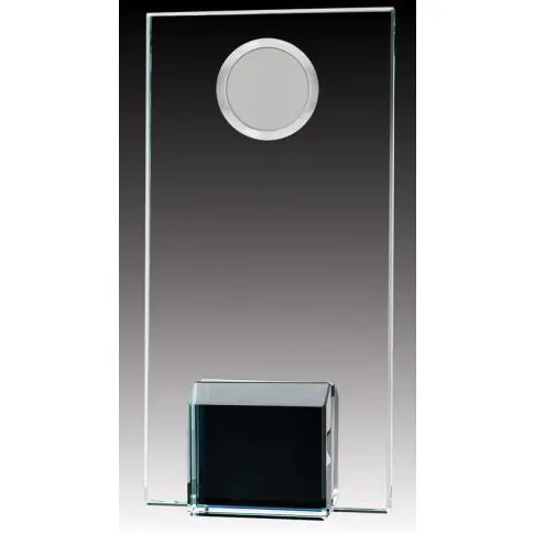 Clear glass award with a circular top and rectangular base.