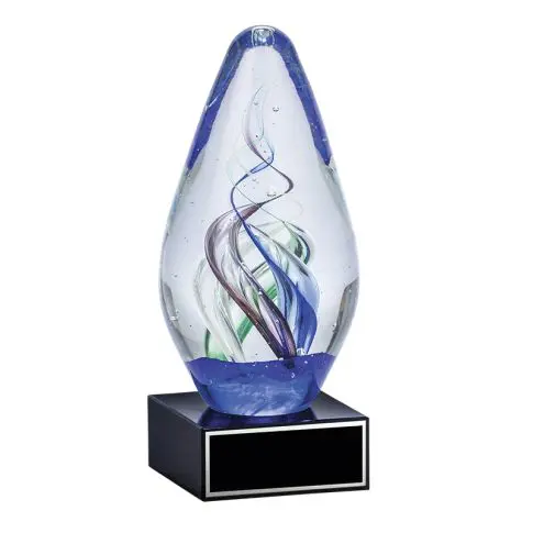 Elegant glass award with blue and green swirls on a black base.