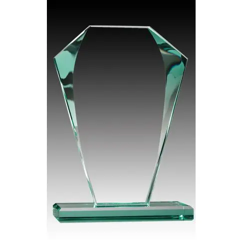 A sleek glass trophy with a green tint on a rectangular base.