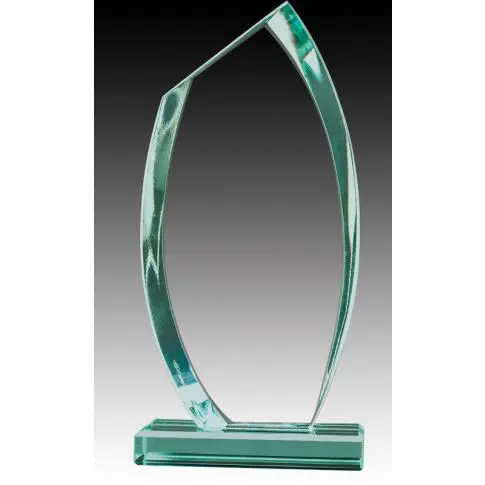 Elegant glass award with a curved design on a rectangular base.