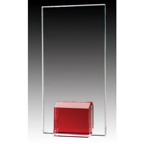 A tall clear acrylic sign holder with a red base.
