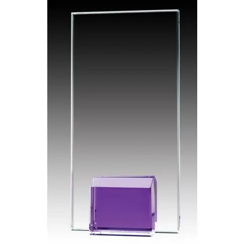 Clear rectangular glass award with a purple base.