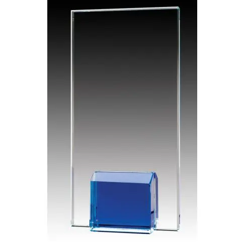 Clear glass award with blue base on a gradient background.
