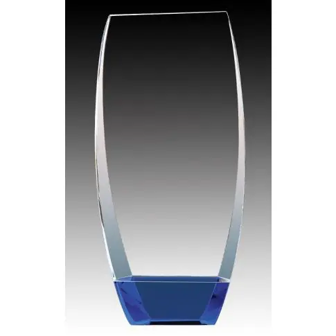 Tall, clear glass trophy with a blue base against a gradient background.