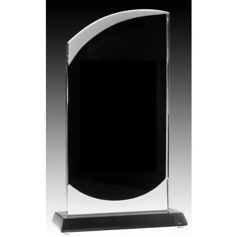 Elegant black glass award with a curved silver accent on a clear base.