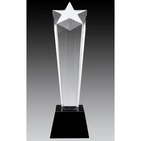 Clear star-shaped crystal trophy on black base.