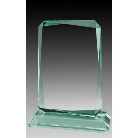 Clear glass award trophy with a rectangular shape and a sturdy base.