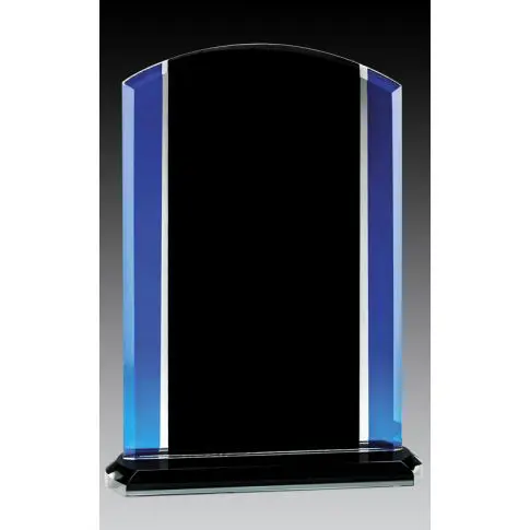 Elegant black and blue glass award trophy with a sleek design.