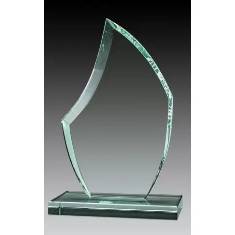 A sleek, modern glass trophy on a rectangular base.