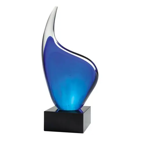 Blue and silver abstract glass sculpture on a black base.