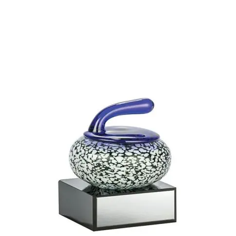 A curling stone with a blue handle on a black stand.
