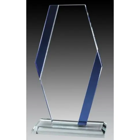 Clear glass trophy with a blue accent on a cylindrical base.