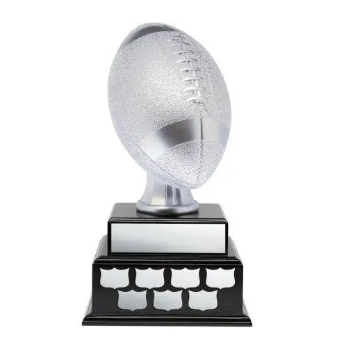 Silver football trophy with a black base and multiple small plaques.