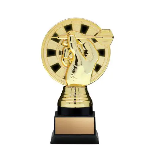 Golden cricket trophy with a hand holding a ball on a black base.