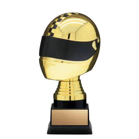A gold helmet trophy with a black visor on a black base.