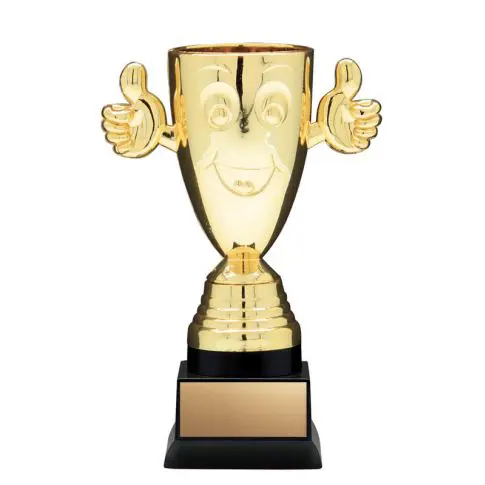 A gold trophy with a smiling face and thumbs-up hands.