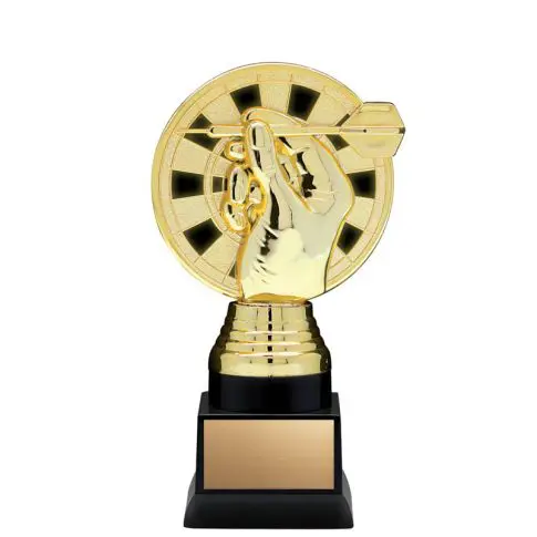 A gold trophy with a hand holding a film reel on a black base.