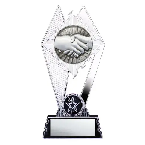 Clear trophy with handshake design symbolizing partnership.