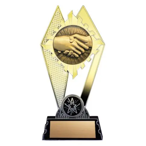 A trophy featuring two hands shaking, symbolizing partnership or agreement.