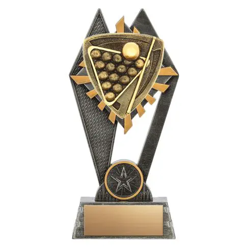 A gold and black billiards trophy with a blank nameplate.