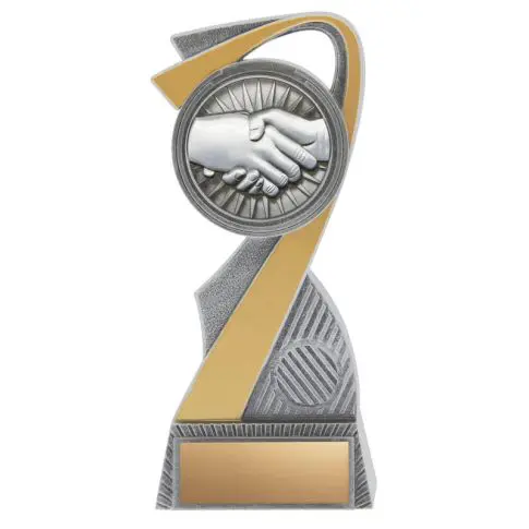 A modern trophy featuring a handshake design symbolizing partnership.